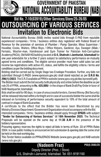 National Accountability Bureau Islamabad Tender Notice